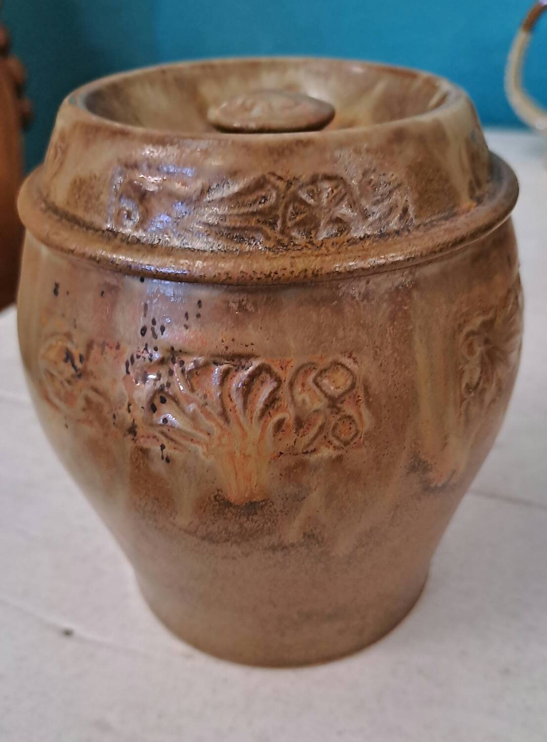 Enamelled stoneware pot signed Denbac