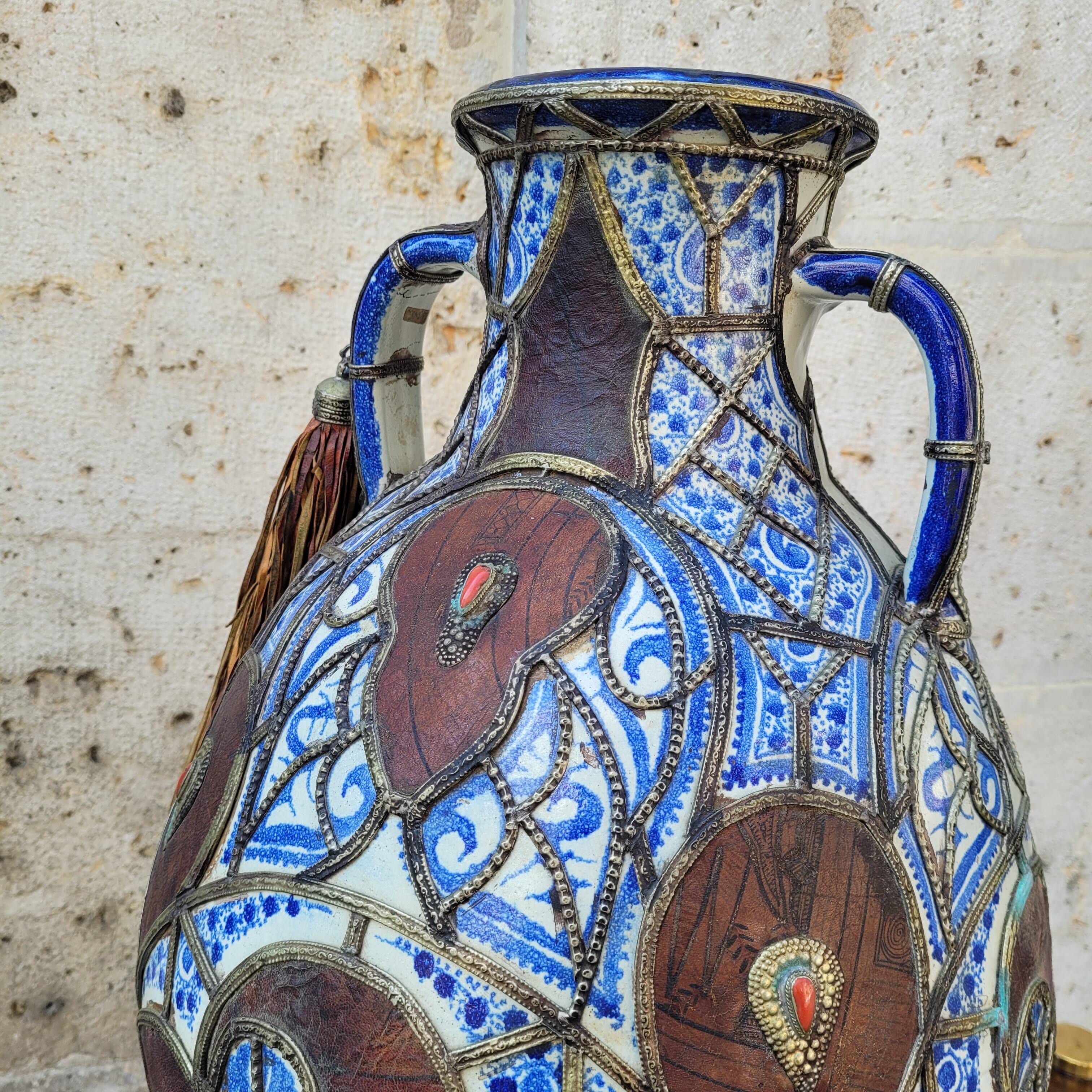 Filigree vase, ceramic, leather, enamel and metal, 19th century - Safi, Morocco