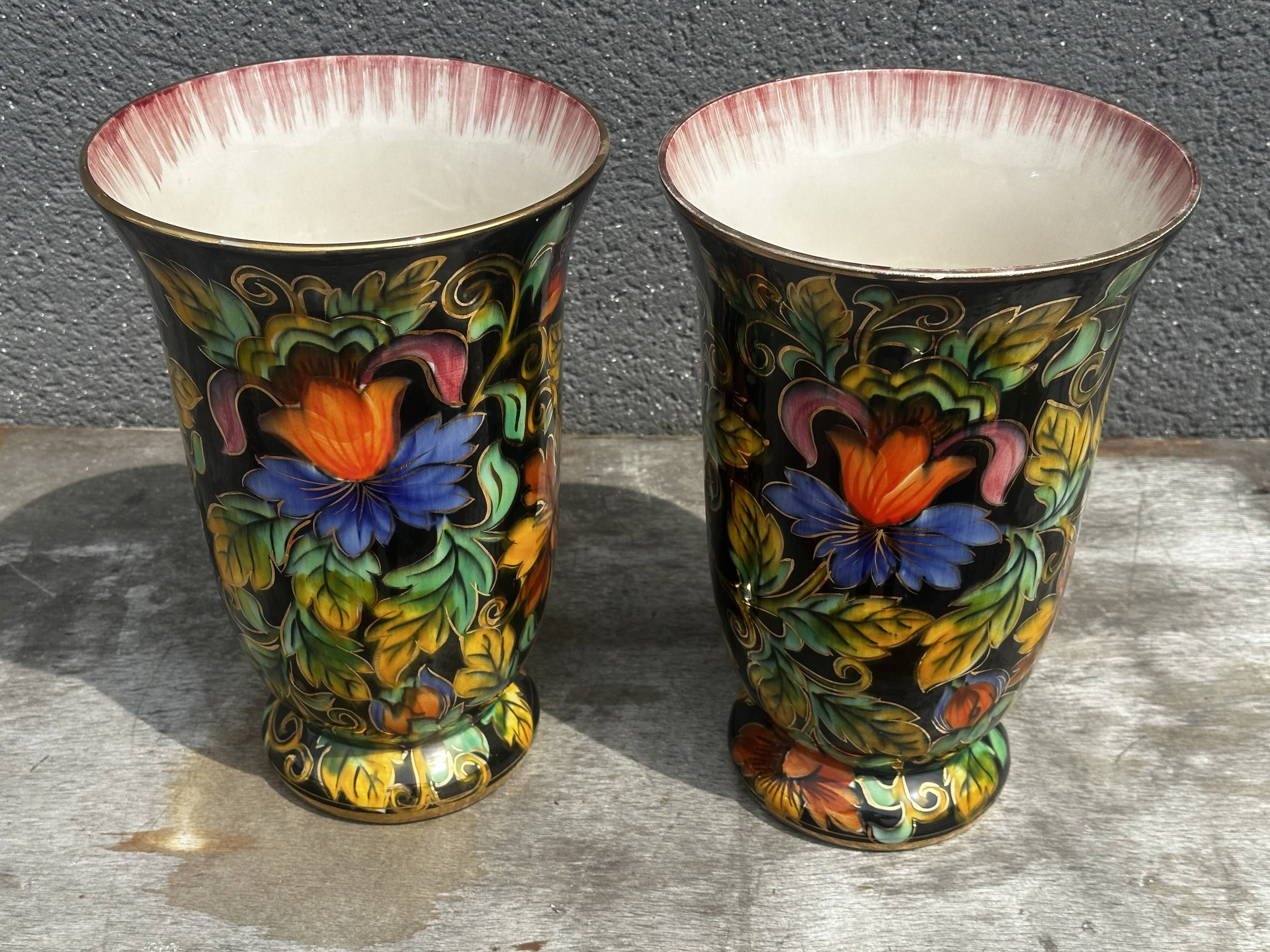 Paire de Vase en Céramique Peint Main H 31 cm signés Hubert Béquet