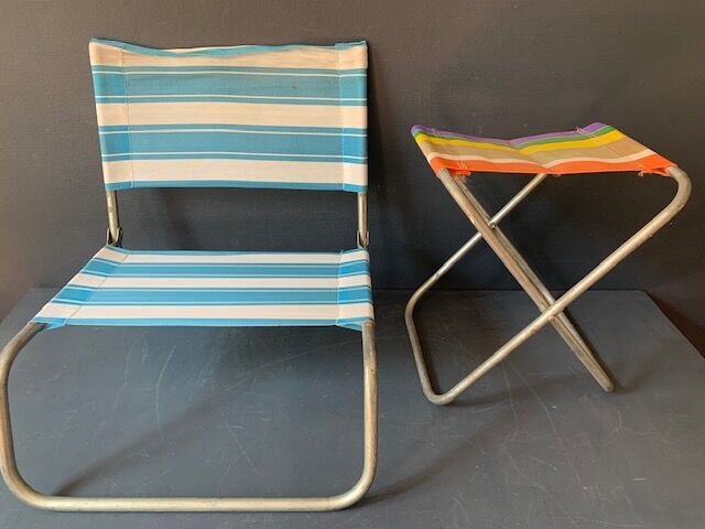 Vintage folding beach stool, stripe, nylon, 1960