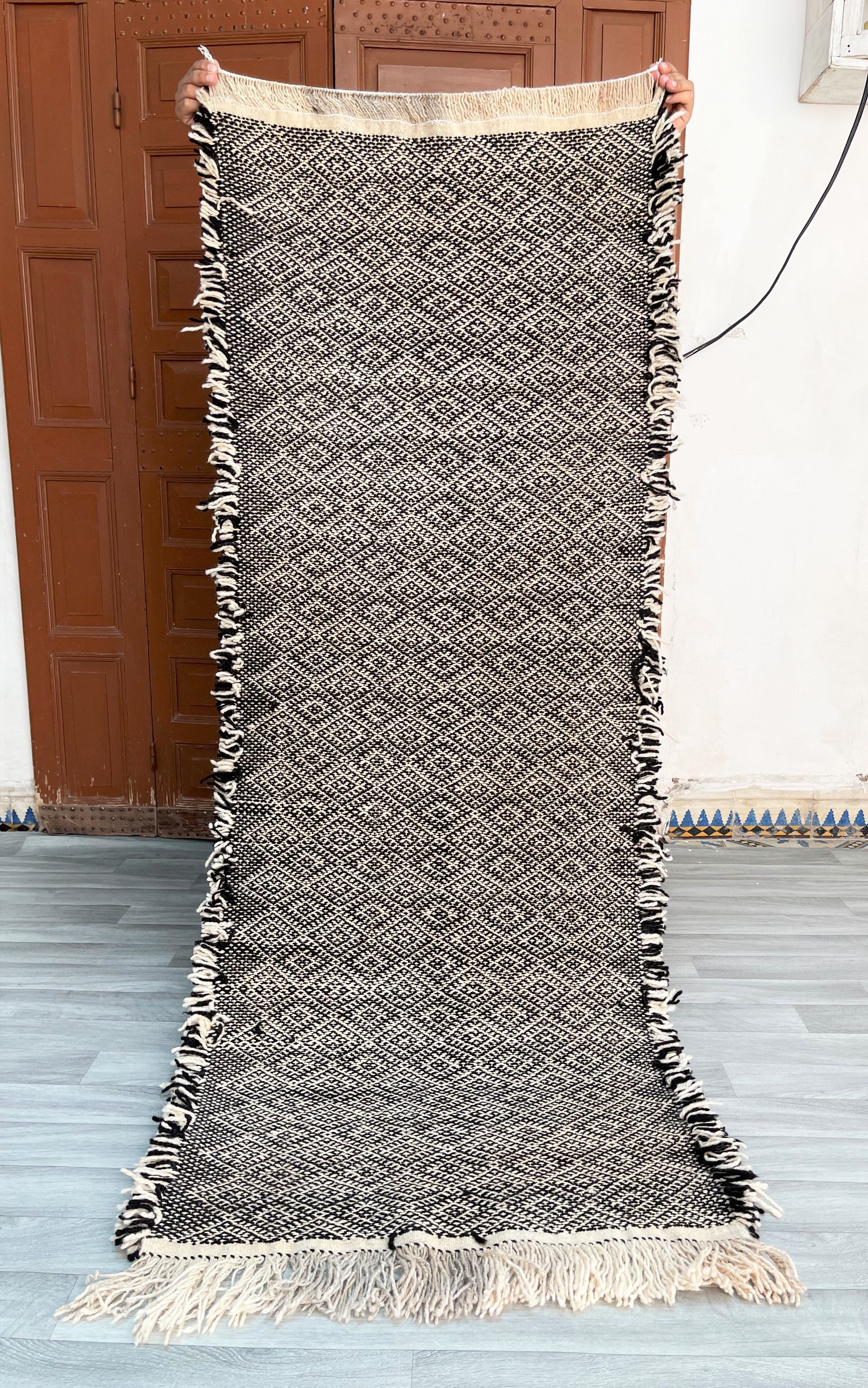 Zanafi Runner Rug, handmade Moroccan rug, flat Berber wool runner, geometric rug.