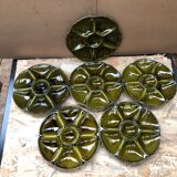 Set of 6 old vintage green ceramic Gien oyster plates