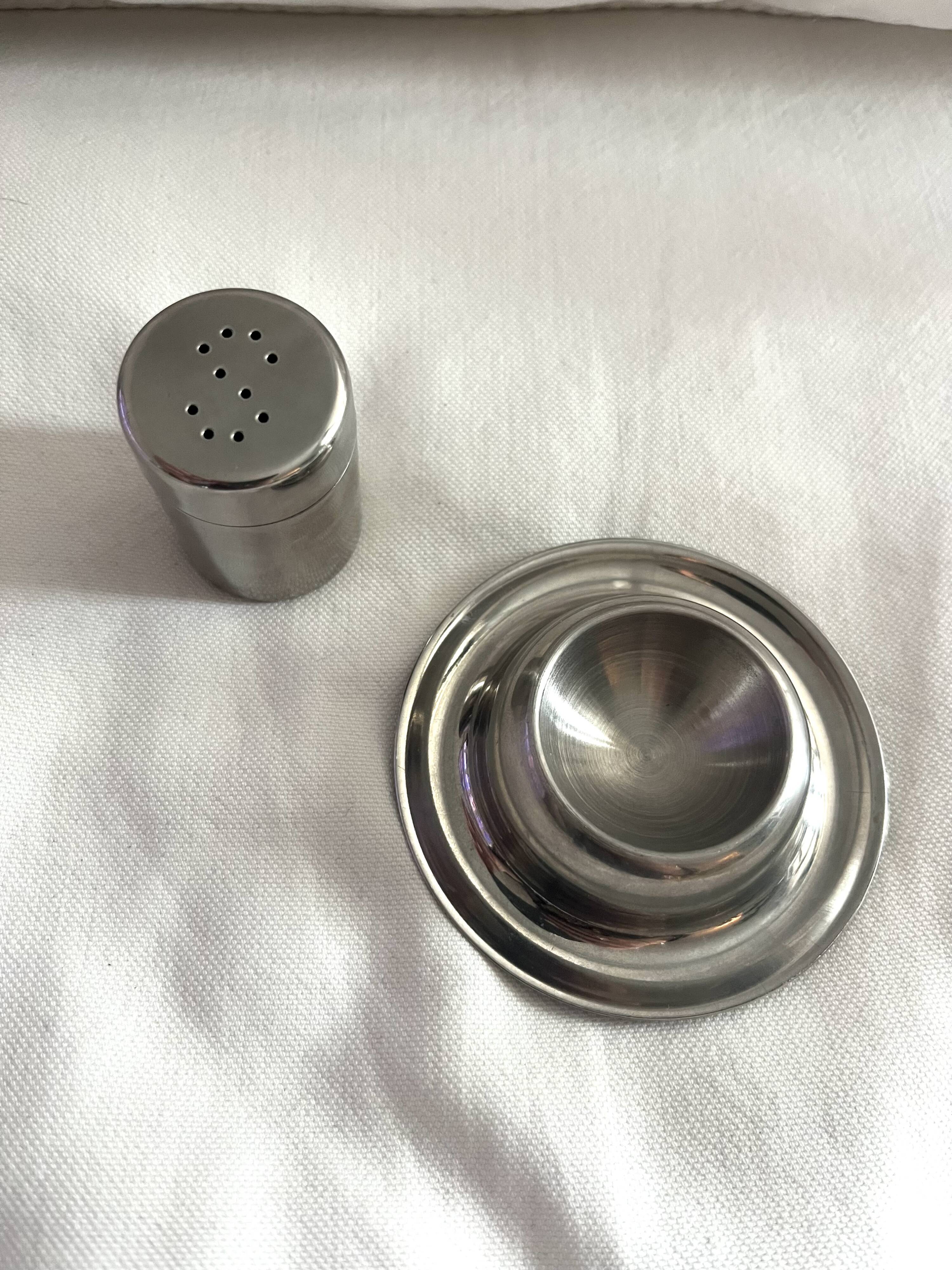 Vintage stainless steel egg cup and salt shaker – minimalist duo