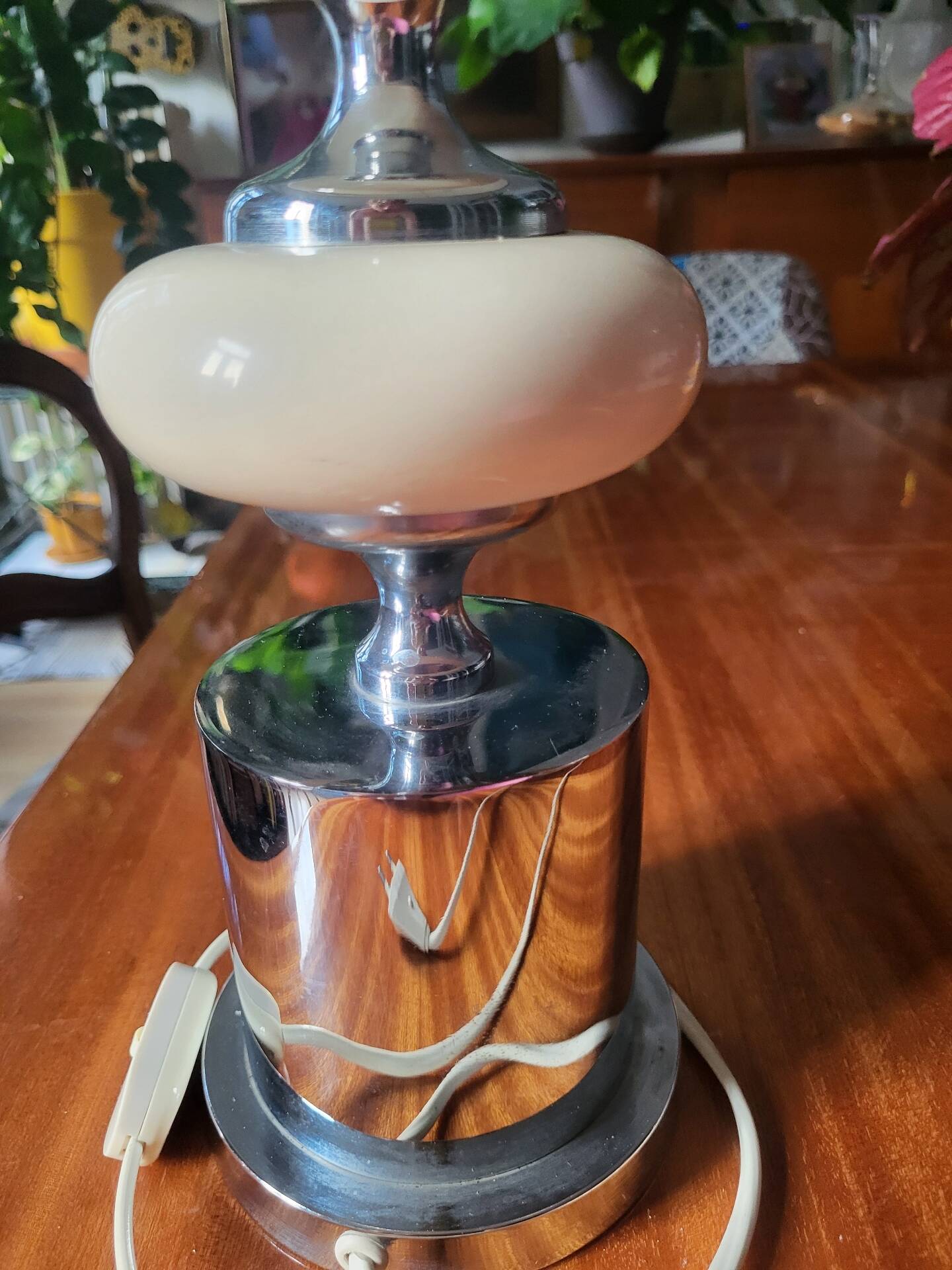 Large Vintage 1970 Space Age Chrome & Wood Lamp