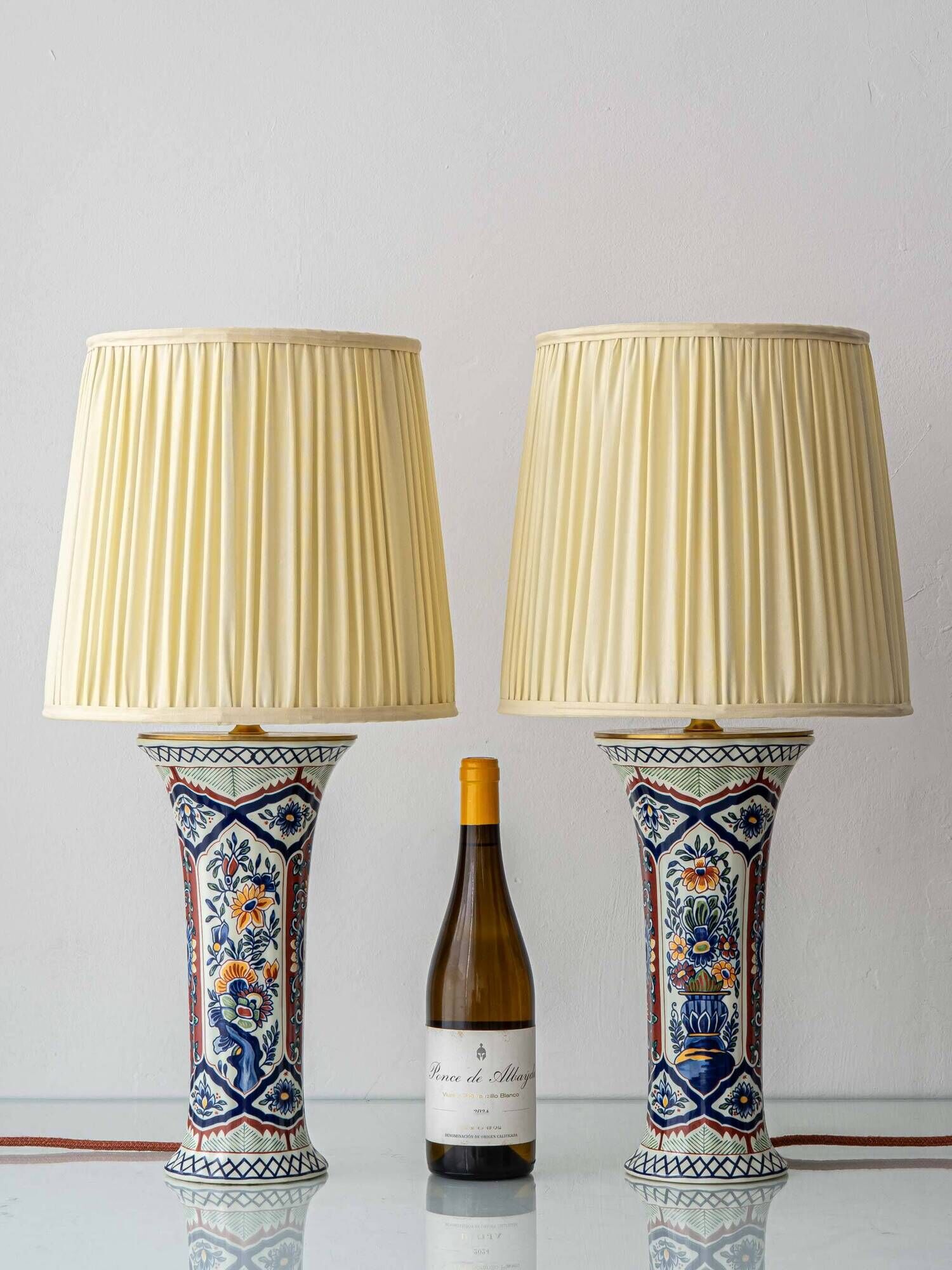 Vintage Belgian Delft Style Table Lamps by Boch with Brass Elements, 1950-1970, New Shades