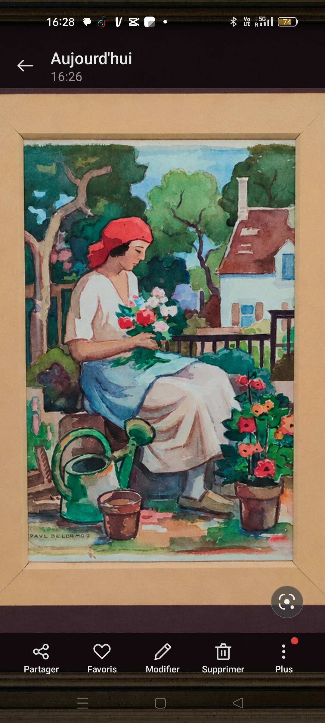 Original watercolour signed by Paul Delormoz (1895-1980) – Woman in the garden – In