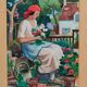 Original watercolour signed by Paul Delormoz (1895-1980) – Woman in the garden – In
