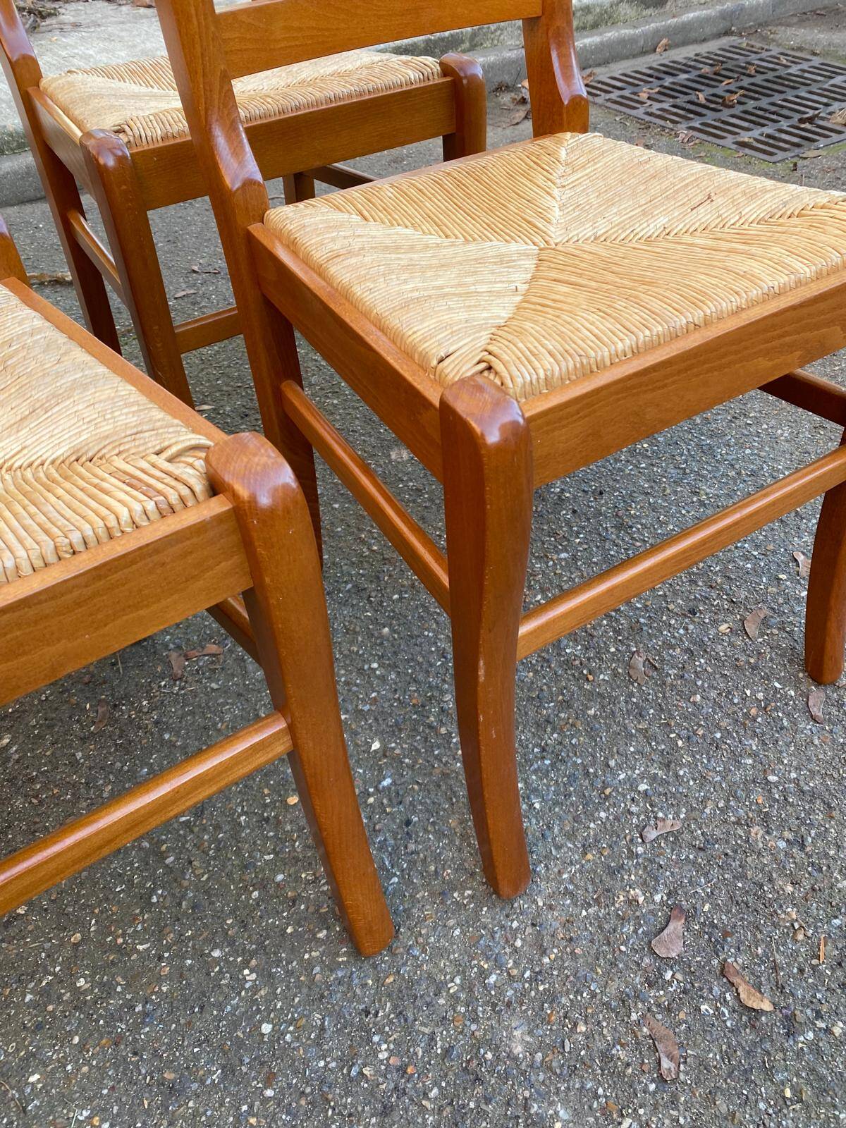 4 medium beech solid wood chairs with rush seats in Louis Philippe style