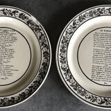 Set of 6 antique plates in fine earthenware with printed decoration of grisailles and poems