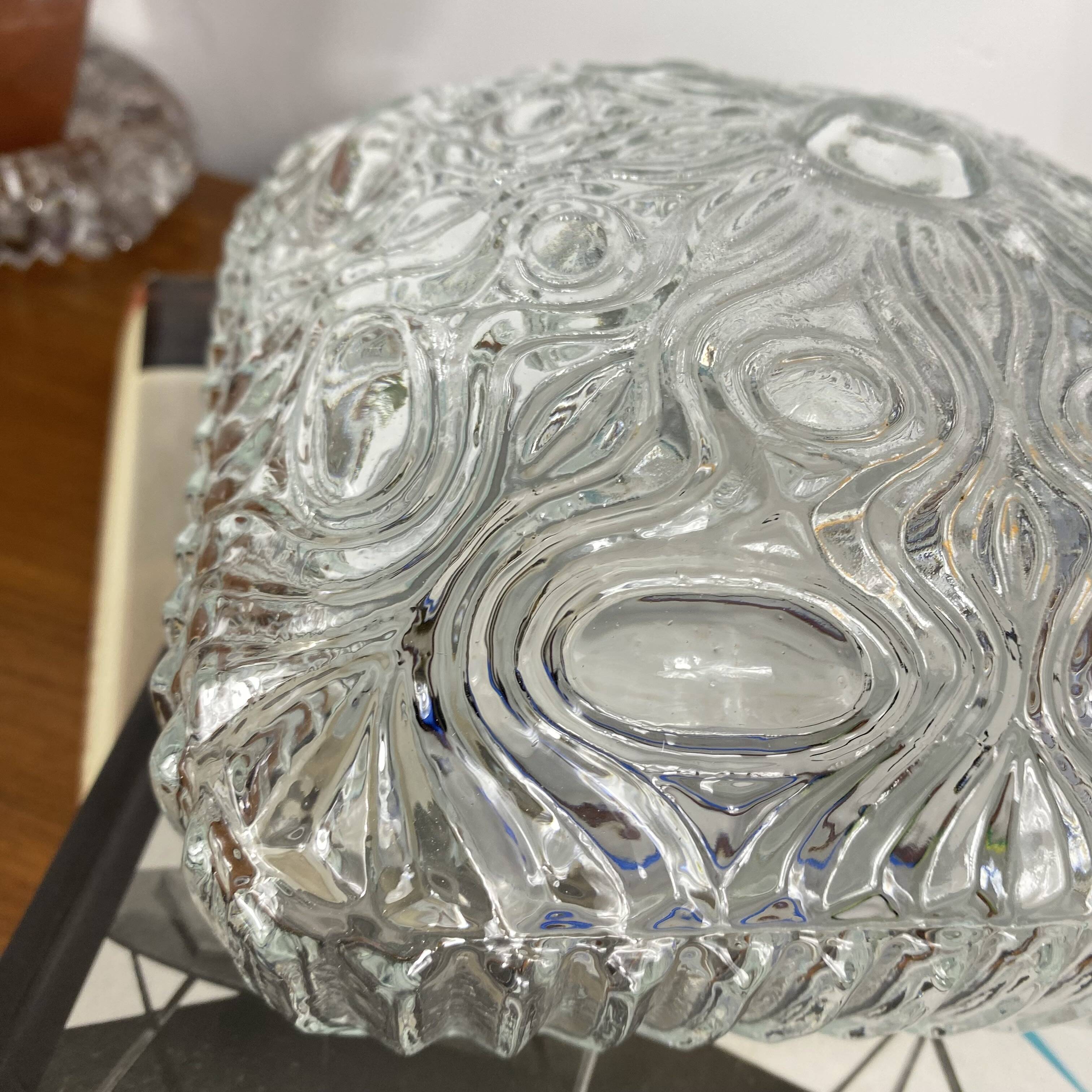 Small square wall light ceiling fixture in vintage moulded glass from the 1970s 1980s.