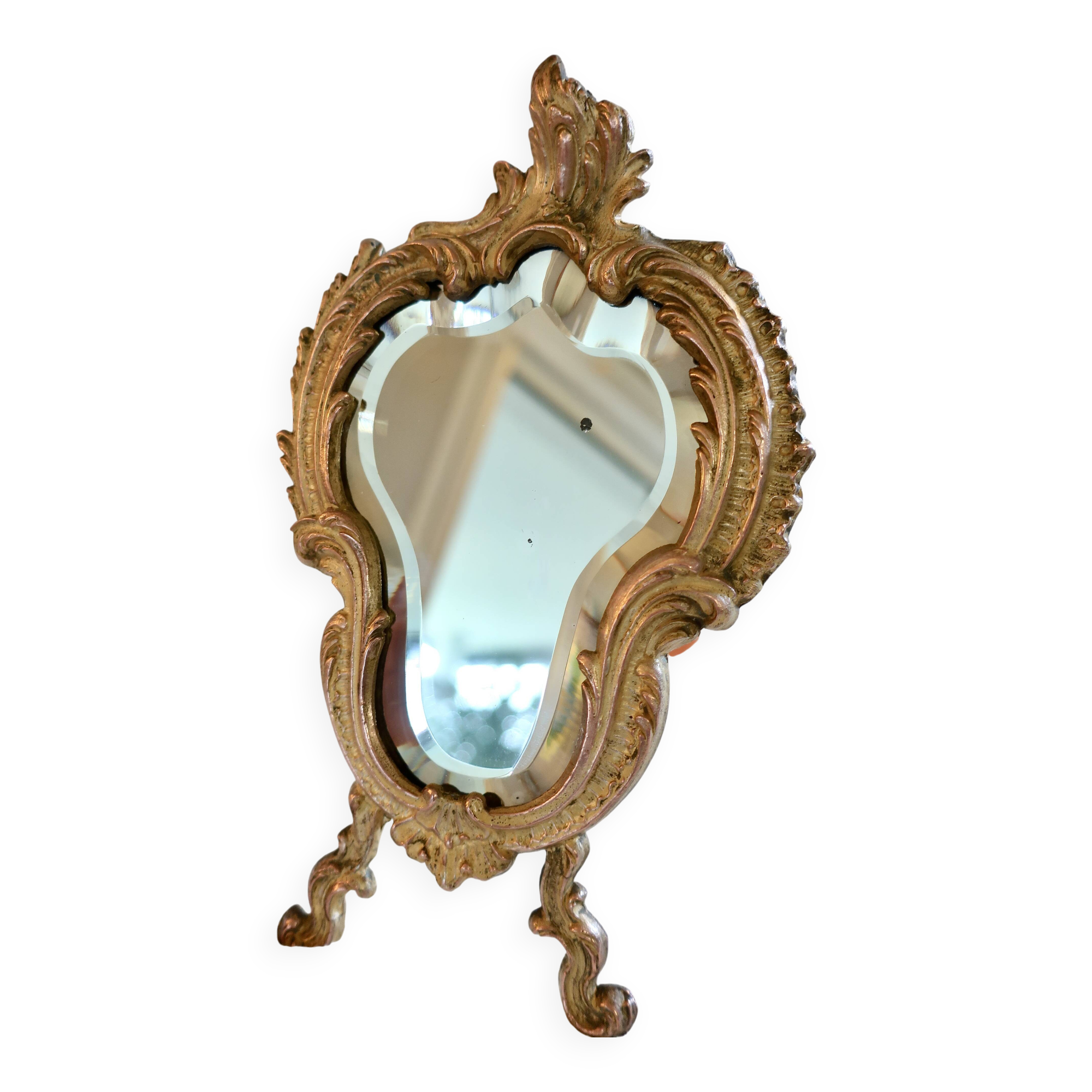 Small vintage 19th century mirror or hand mirror, bronze, beveled glass, baroque, rococo style.