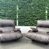 Pair of armchairs and ottoman leather Marsala by Michel Ducaroy for Ligne Roset 1970