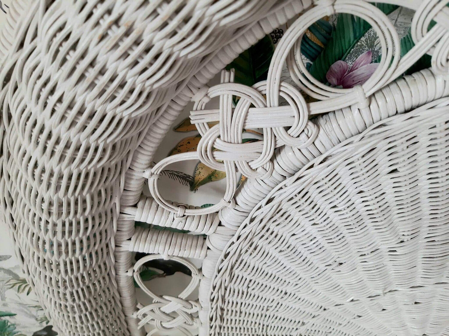 Vintage wicker and rattan headboard, antique peacock furniture for bedroom