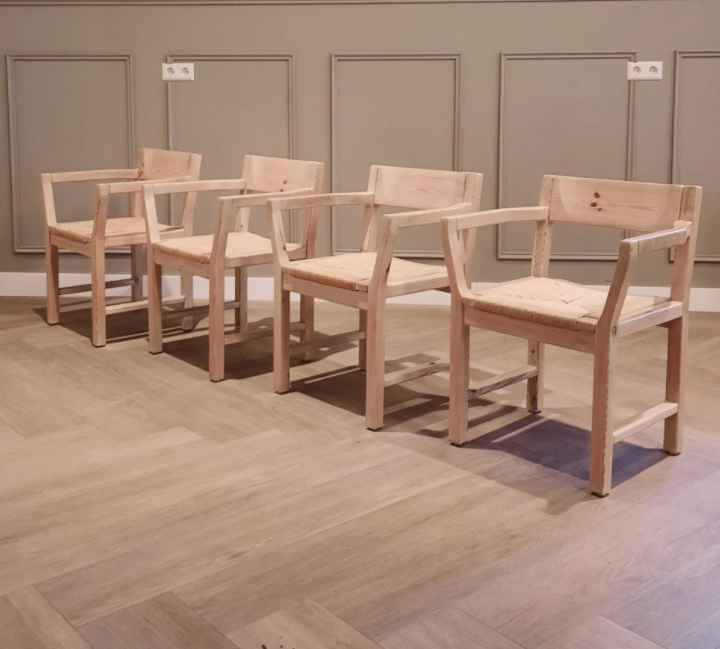 Set of 4 pine chairs with Tage Poulsen paper rope seat for Gramrode 1970