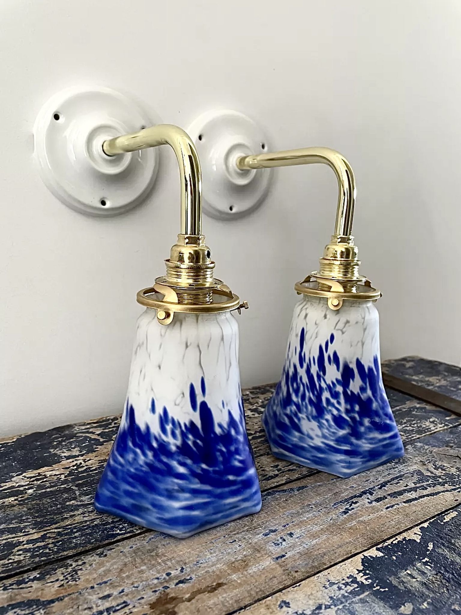 Set of two blue Art Deco wall lamps