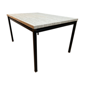 Table italienne en laiton travertin et acier ou table basse, années 1960