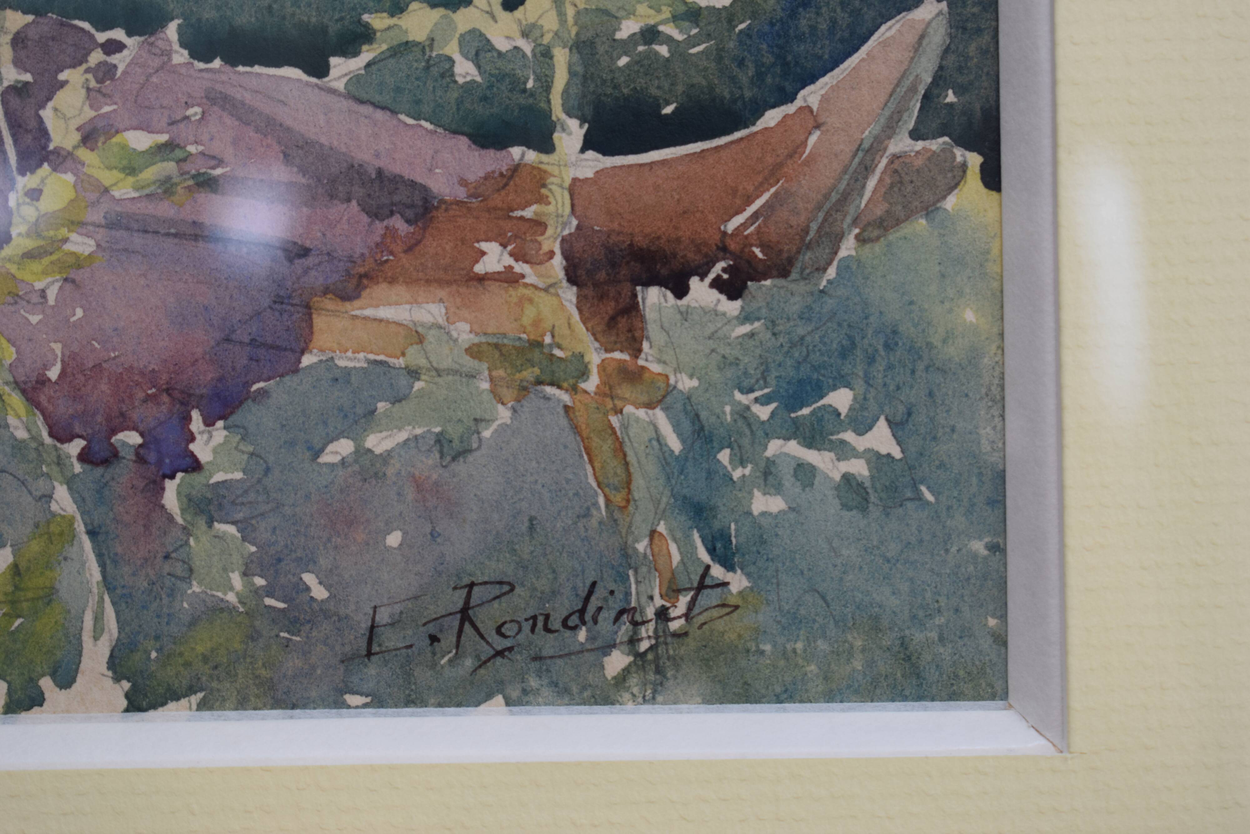 Watercolor Signed Emile Rondinet, woman resting in a Framed Garden