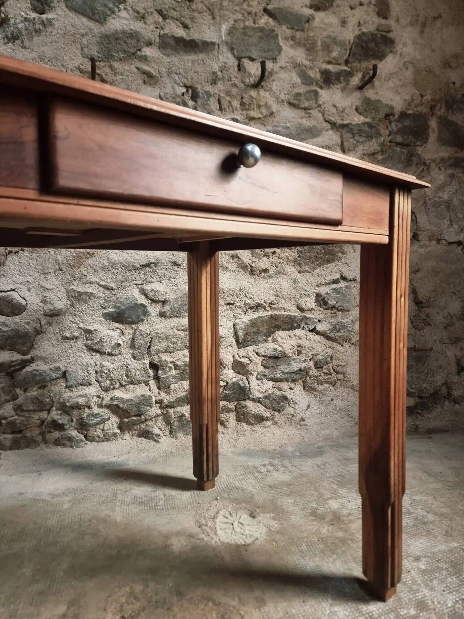 Vintage French walnut writing desk, 1950s Art Deco style, table with drawer, compact desk or side table