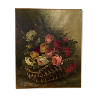 Painting, oil on canvas, still life with flowers signed A Gondois