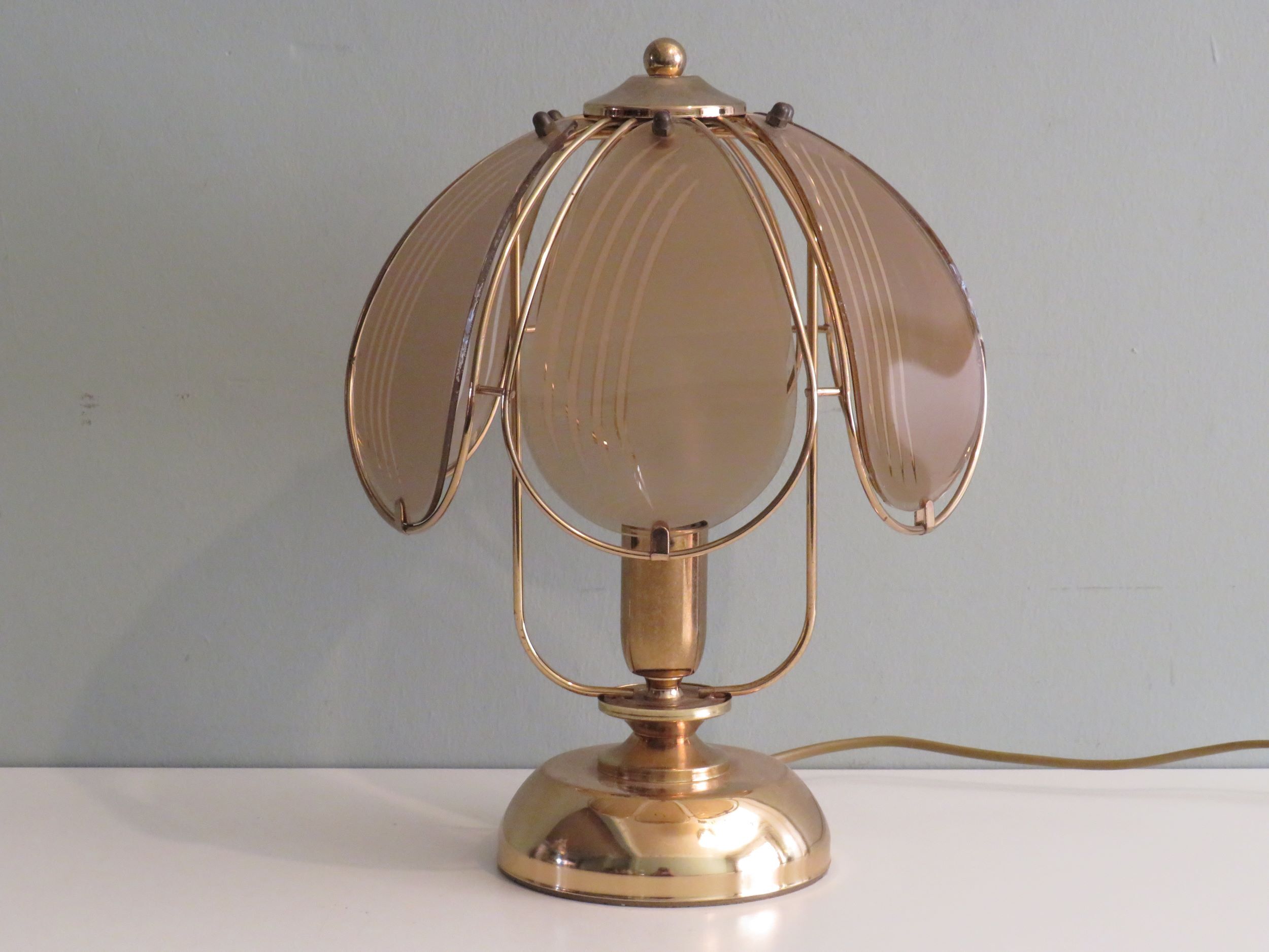Brass table lamp with smoked glass panels, Belgium 1970