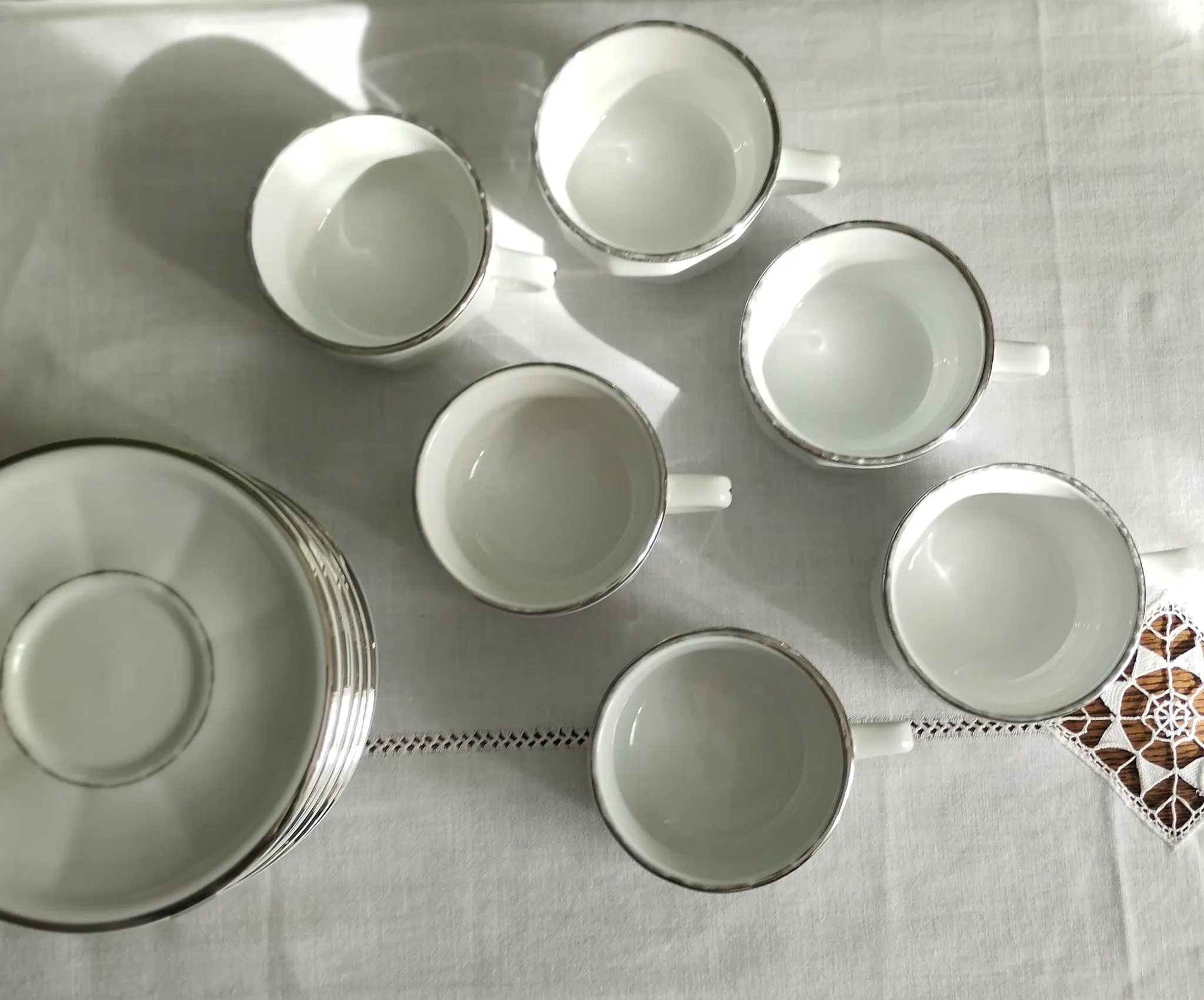 6 white porcelain coffee cups with silver trim Apilco Deshoulières