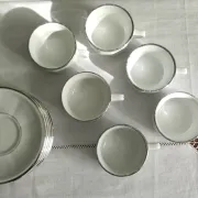 6 white porcelain coffee cups with silver trim Apilco Deshoulières