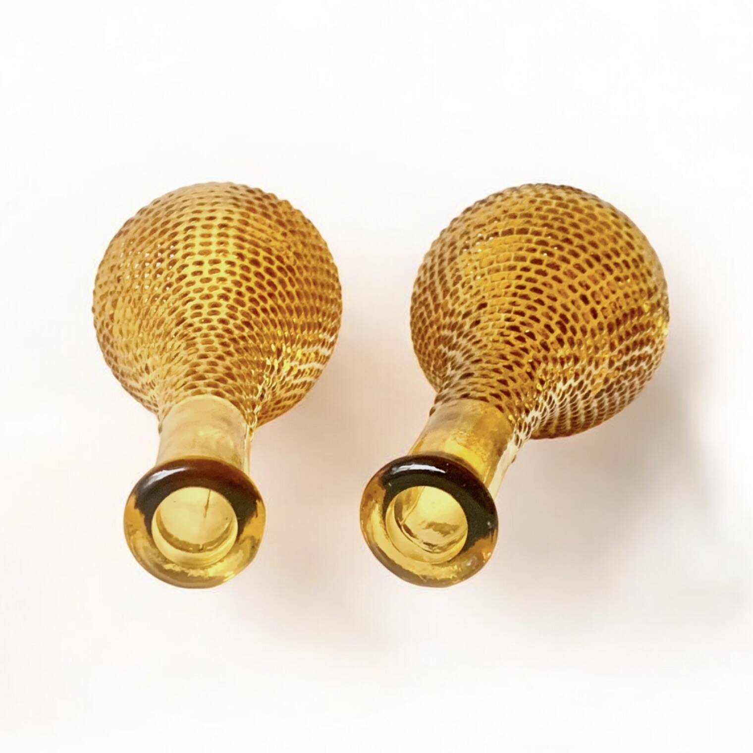 Pair of vintage amber yellow Empoli glass decanters