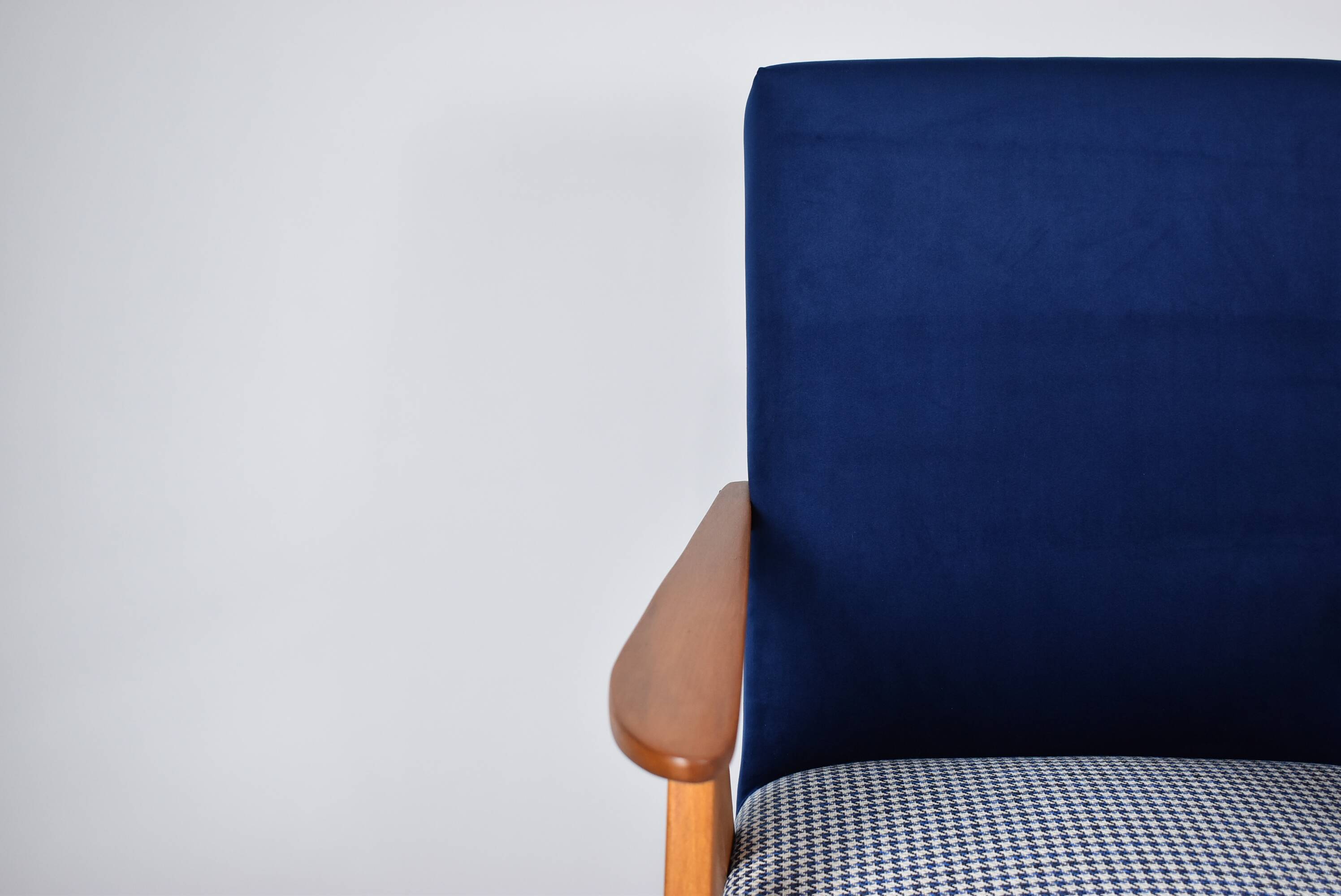 Original armchair compas, pied de poule, blue velvet, 1960s, restored