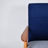 Original armchair compas, pied de poule, blue velvet, 1960s, restored