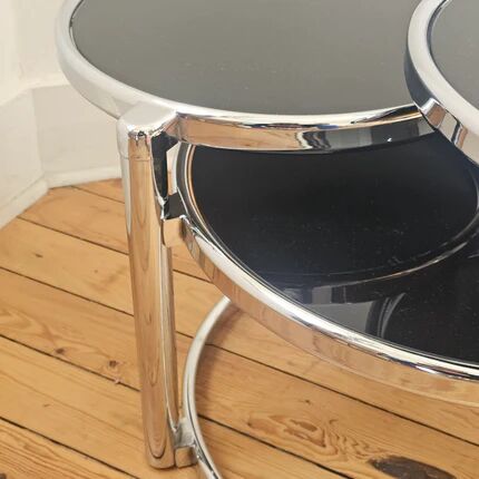 Vintage coffee table with 3 levels and rotating trays in chrome metal and smoked glass - Space Age 1970s.