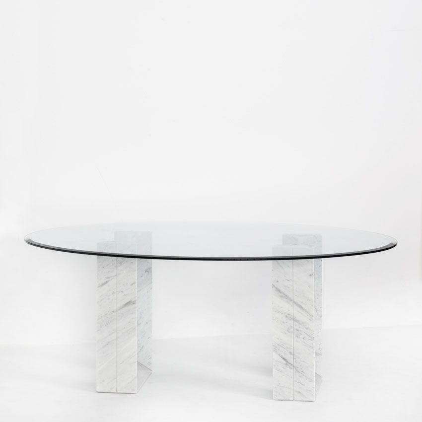 Table named "Diapason". Carrara marble and glass. Cattelan Italia. 90s.
