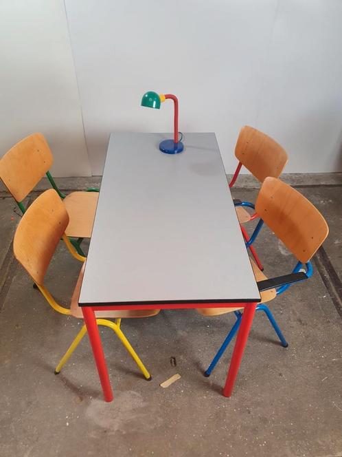 Multicolored dining table and chairs 80s
