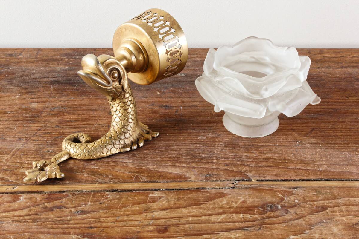 Wall-mounted candle holder, dolphin, bronze and gilded brass