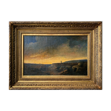 19th Century Romantic Painting "Solitary Shepherd at Dusk" Oil on Canvas + Frame