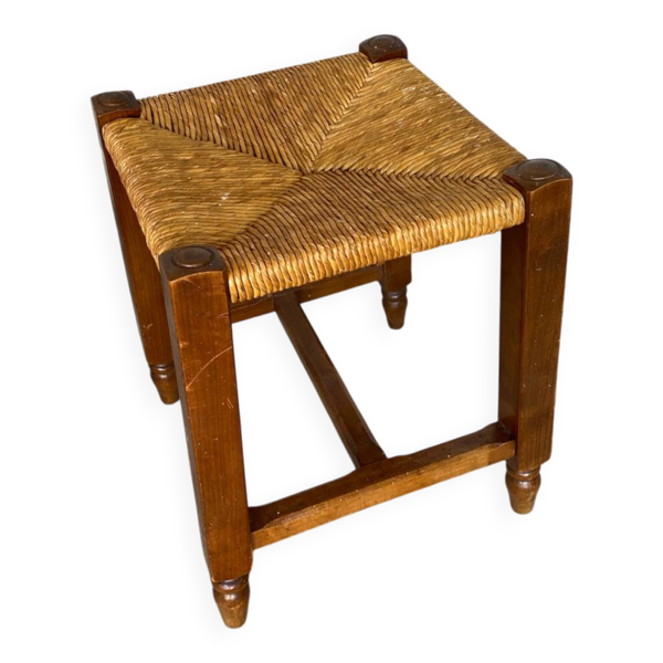 Tabouret Trapèze Ancien Bois + Assise Paille Tressée #D823