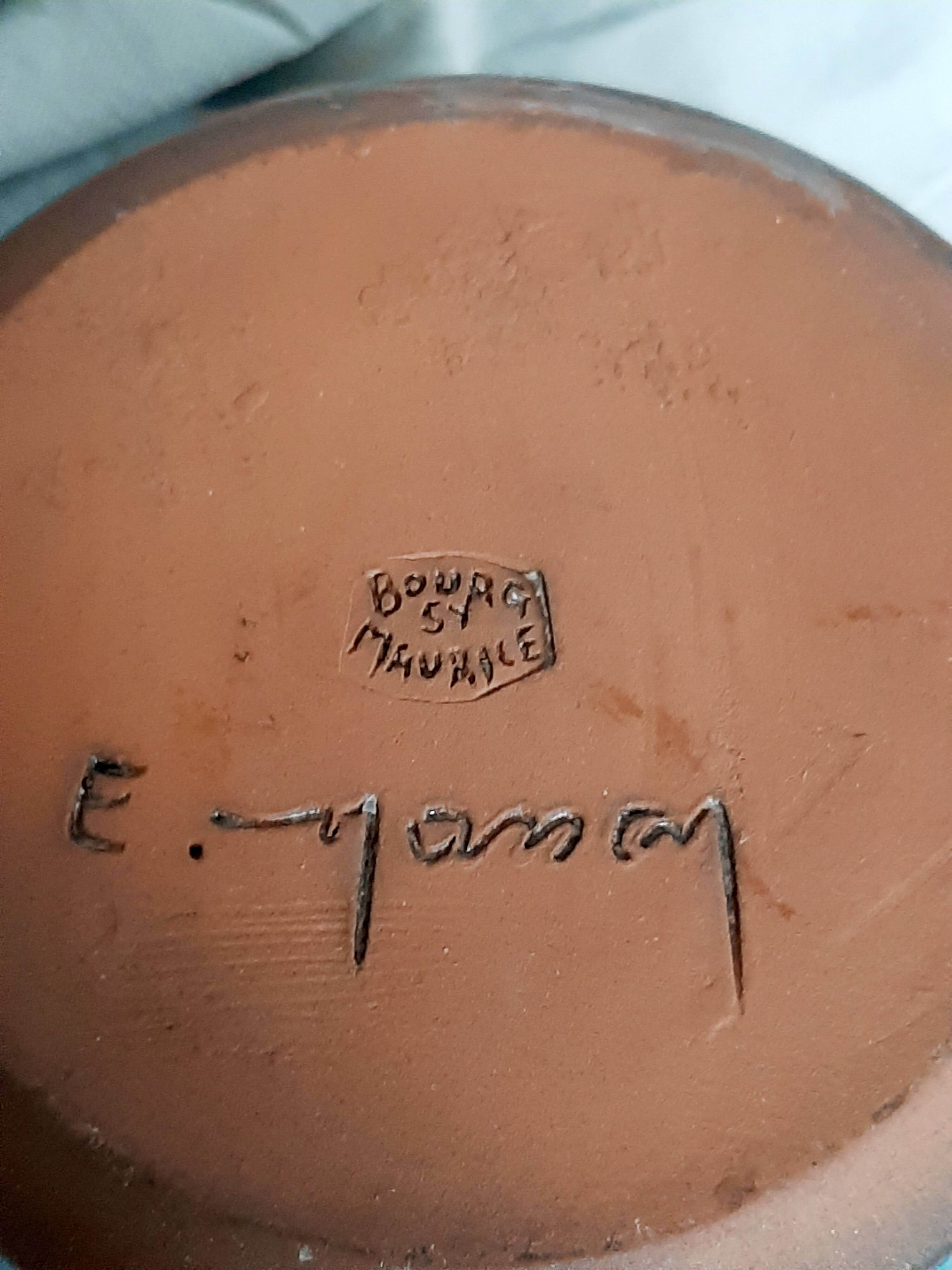 Blue stoneware candlestick signed Emile Masson