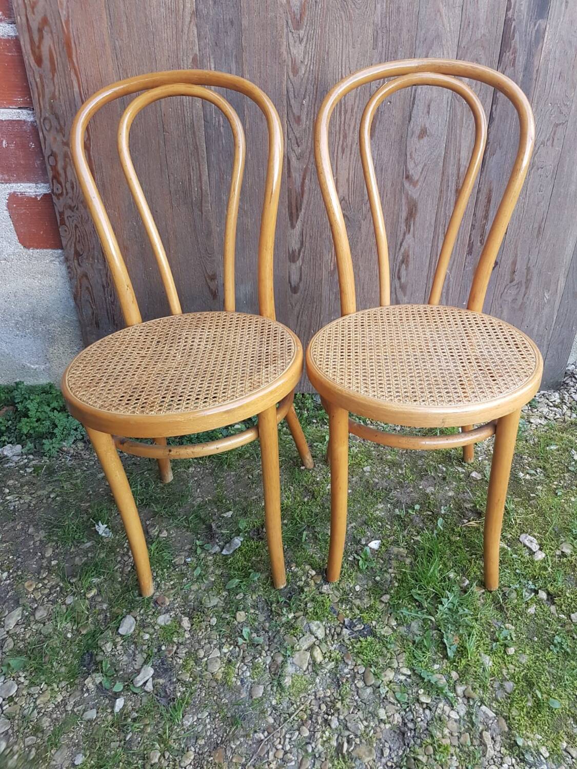Pair of thonet style bistro chairs light curved wood + cane seat