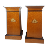 Pair of empire style columns - cedar burl plating - brass and marble