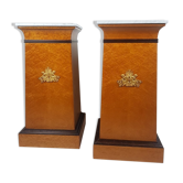Pair of empire style columns - cedar burl plating - brass and marble