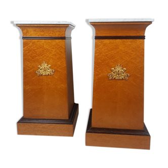 Pair of empire style columns - cedar burl plating - brass and marble