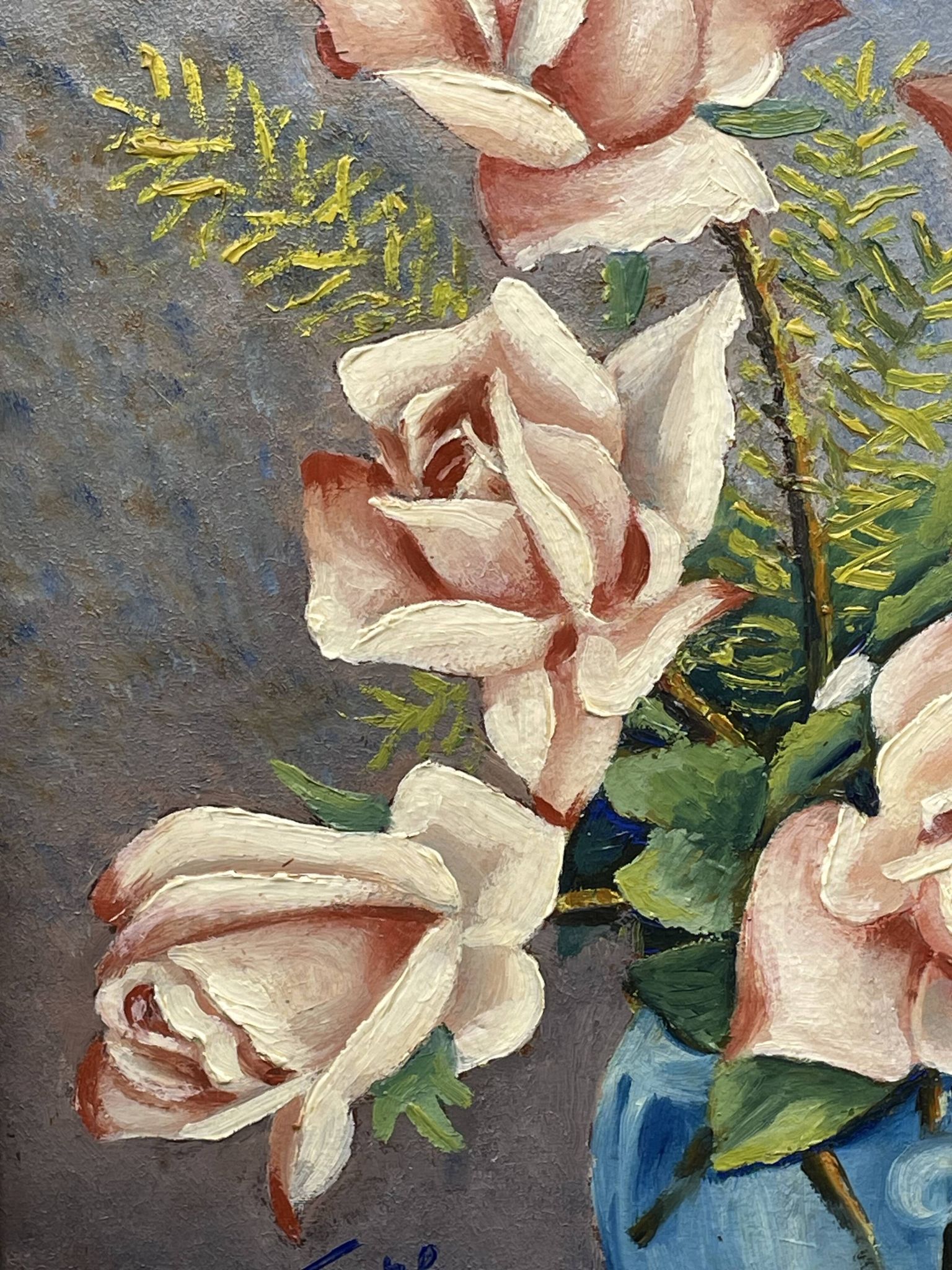 Still life with roses – Signed oil, blue vase, vintage gold frame