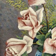 Still life with roses – Signed oil, blue vase, vintage gold frame