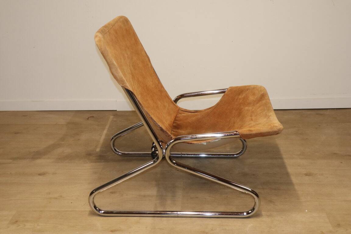Vintage Suede and Chrome Metal Armchair, 1970s