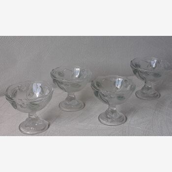 New (9) Glass ice-cream cups with embossed foliage patterns