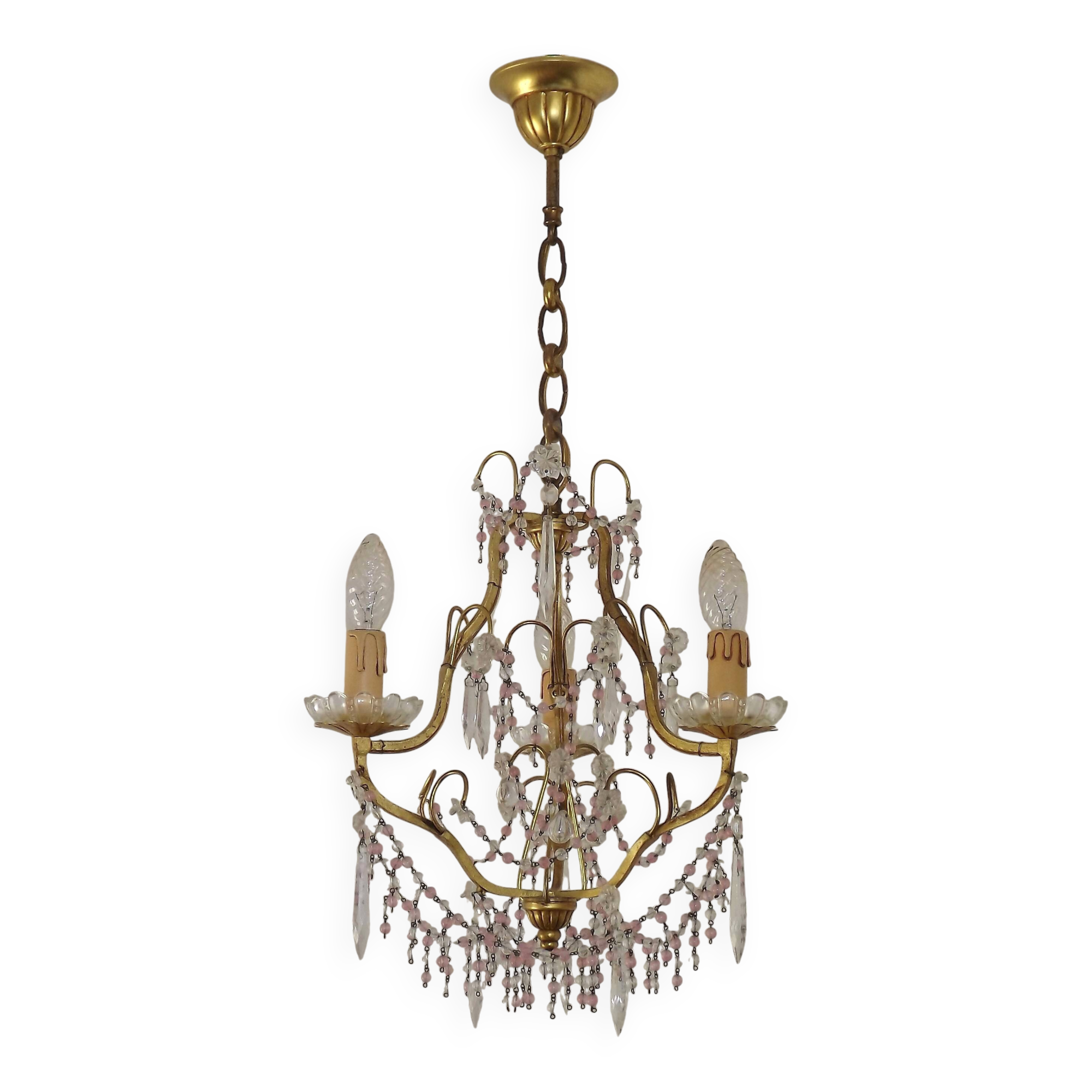 French gilt bronze three-light cage chandelier with pink and clear beaded swags.