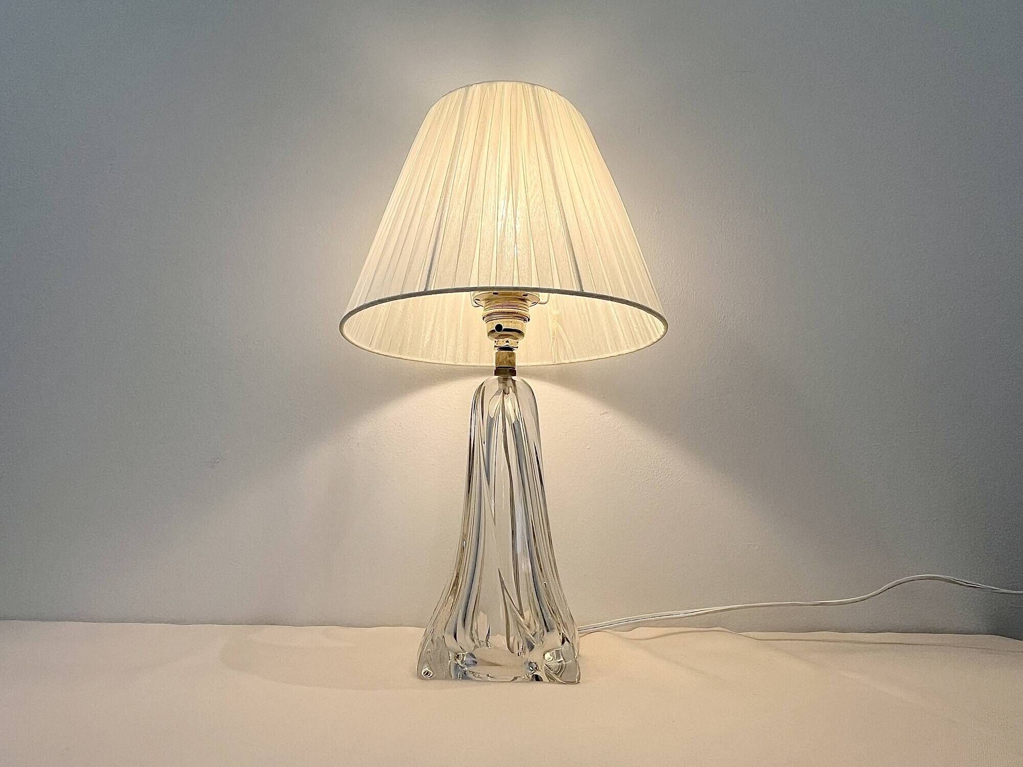 Vintage daum france 1960 crystal lamp base with pleated shade