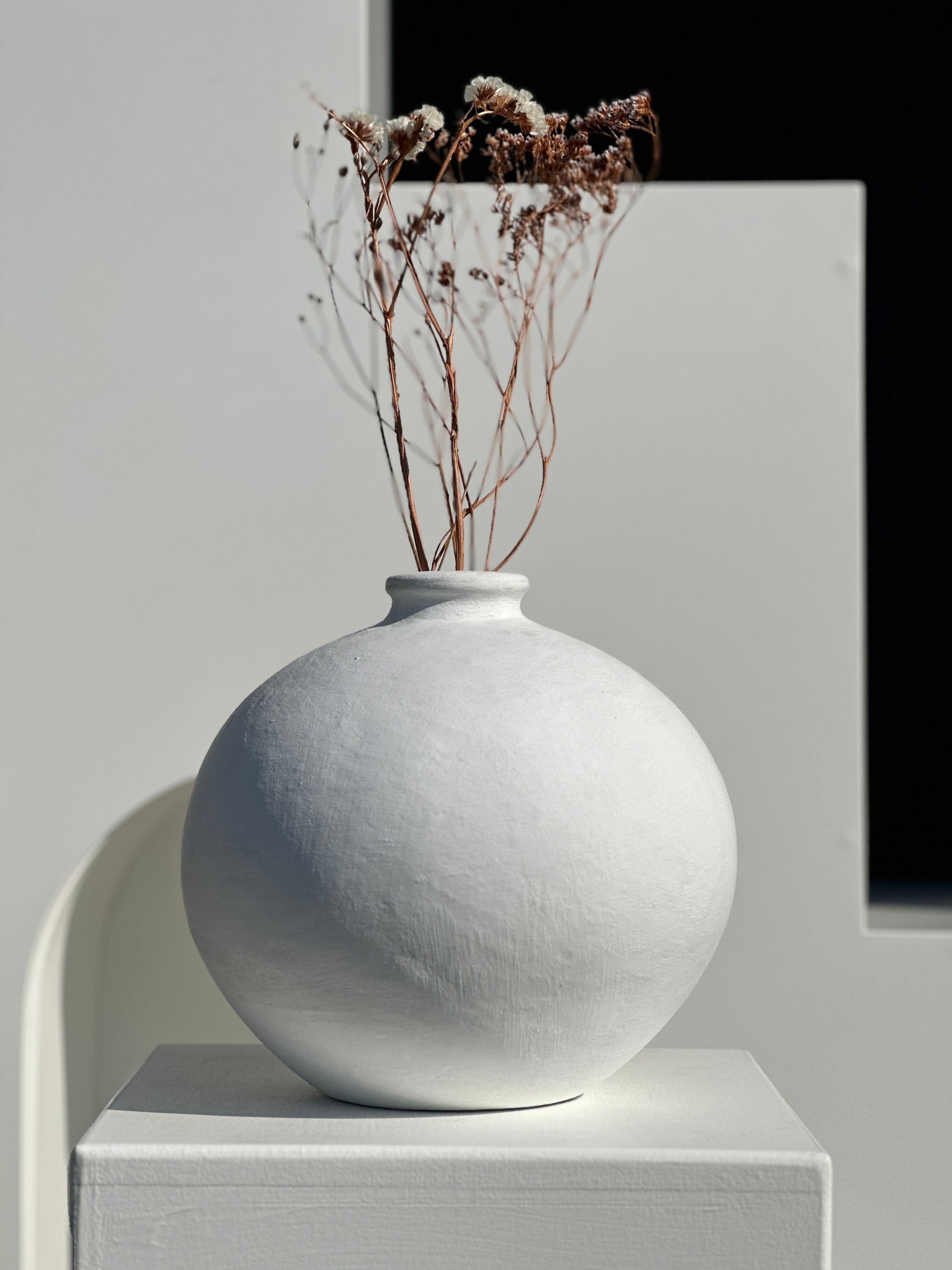 Handcrafted terracotta ball vase painted white H:24 D:26