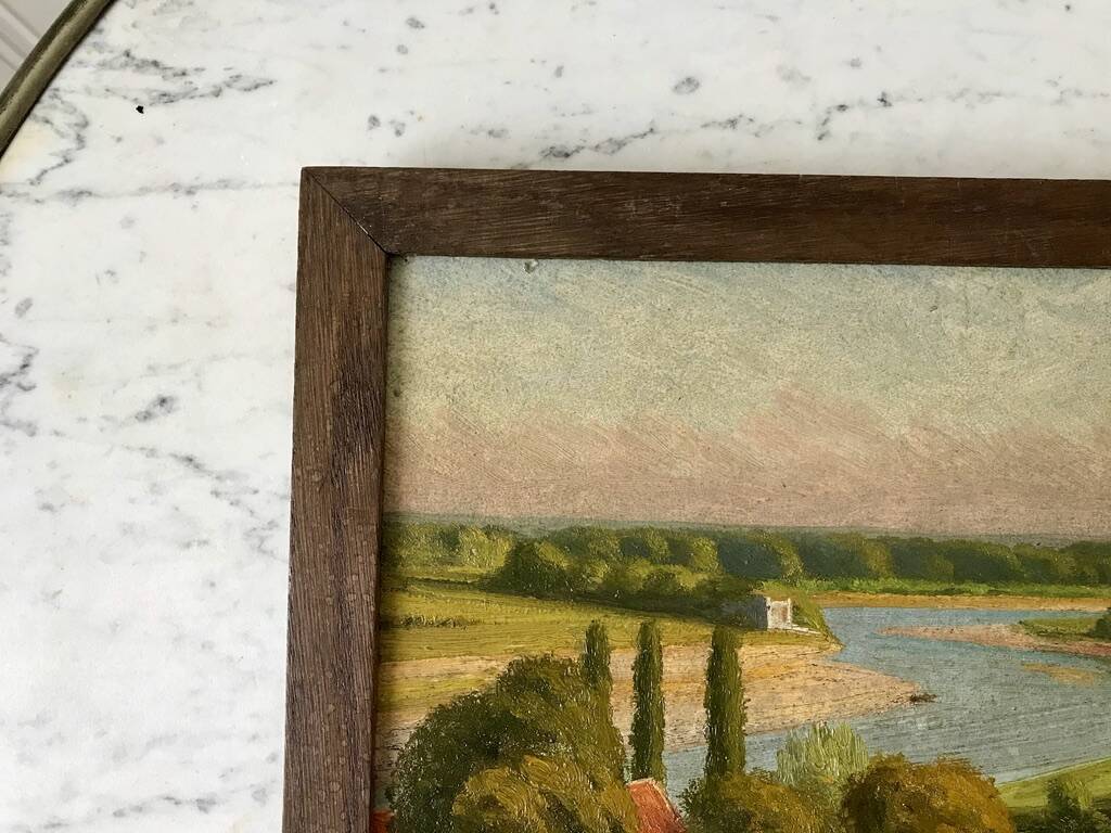 Oil painting on cardboard landscape river signed 1941