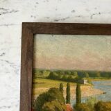 Oil painting on cardboard landscape river signed 1941