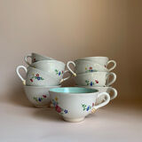 Set of 9 floral Luneville porcelain coffee cups with gold edges